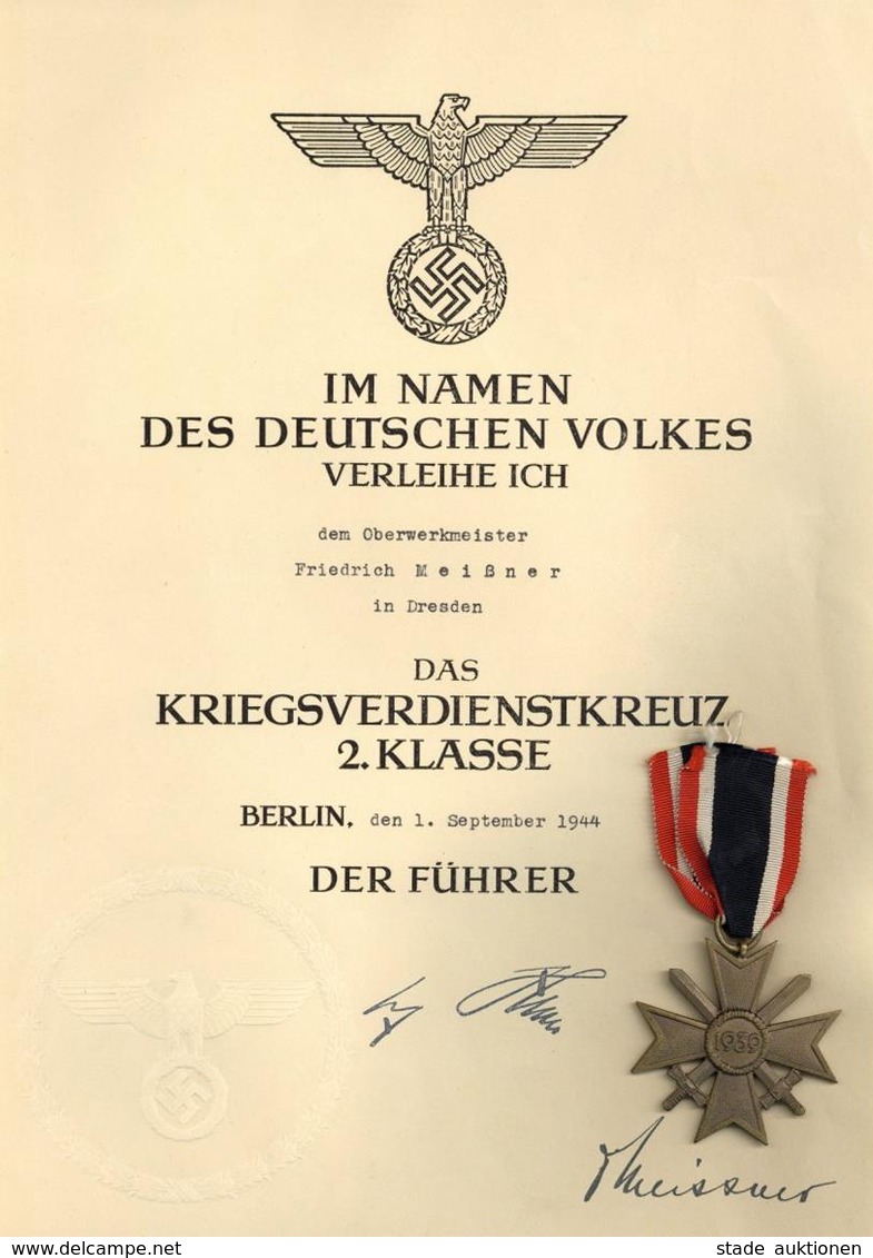 WK II Orden MILITARIA - KRIEGSVERDIENSTKREUZ 2.KLASSE Mit Verleihungsurkunde 1.9.1944 I-II" - War 1939-45