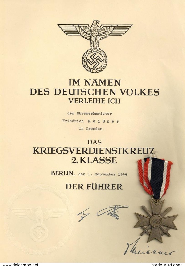 WK II Orden MILITARIA - KRIEGSVERDIENSTKREUZ 2.KLASSE Mit Verleihungsurkunde 1.9.1944 I-II" - Weltkrieg 1939-45