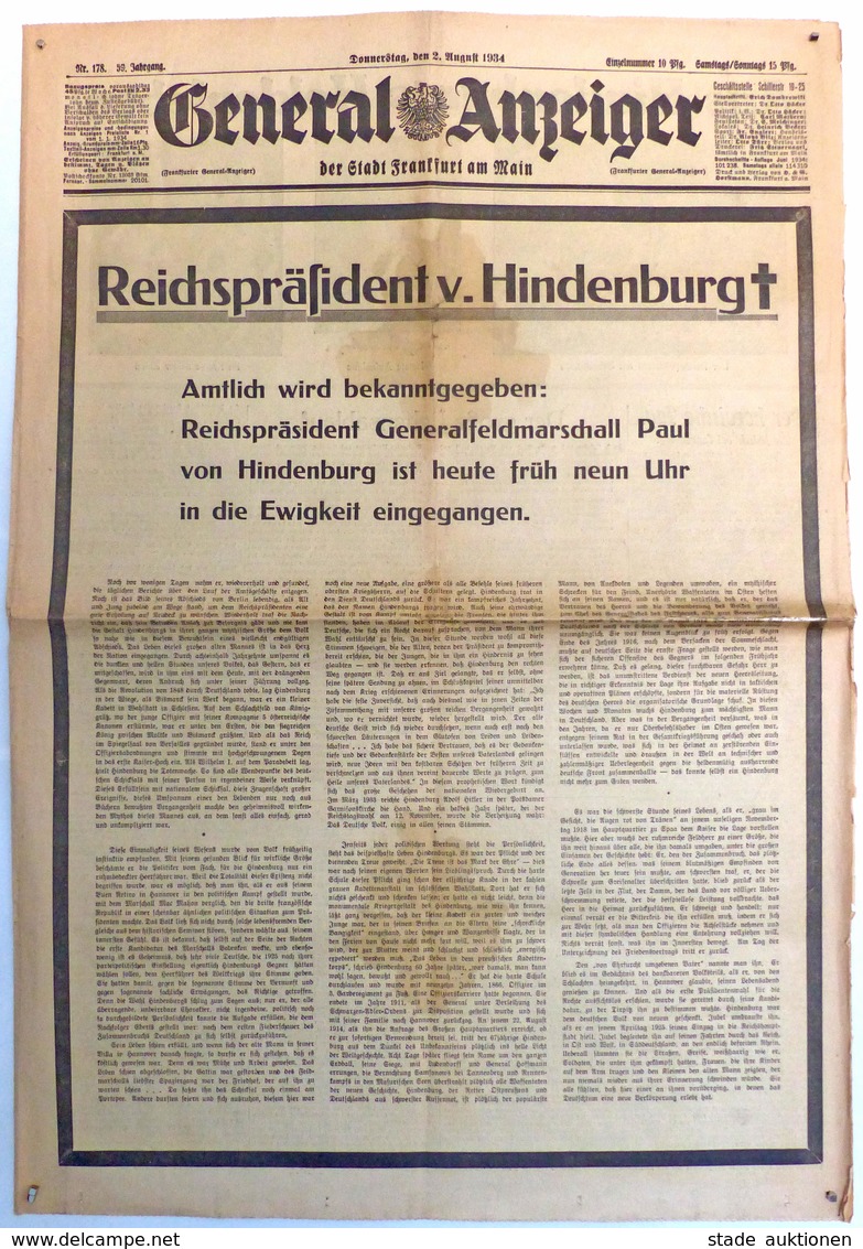 Buch WK II Zeitung Frankfurt General Aanzeiger Todesanzeige Hindenburgs 2. August 1934 II (kleine Einrisse, Fleckig) Jou - War 1939-45