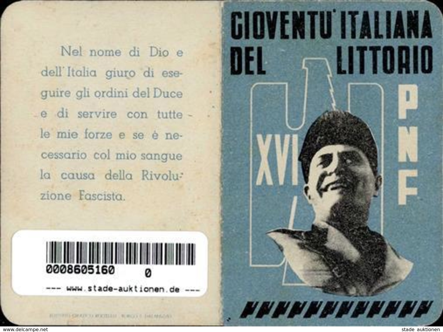 Dokument WK II Ausweis PNF Nationale Faschistische Partei Italien 1938 I-II - Weltkrieg 1939-45