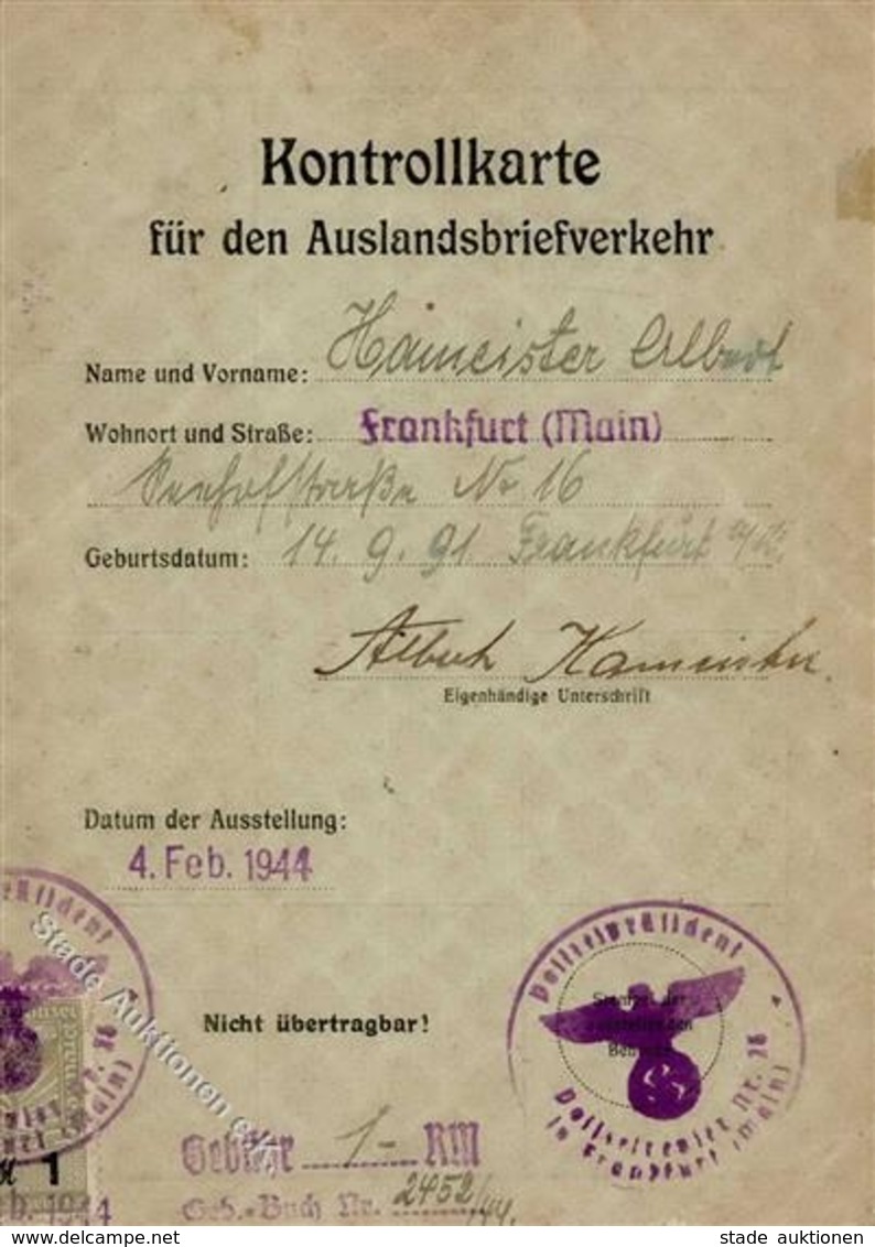 KONTROLLKARTE Für Den AUSLANDSBRIEFVERKEHR - Klappkarte Mit Beitragsmarke Und Post-o Frankfurt/Main Bis 7.3.45 I-II - Weltkrieg 1939-45