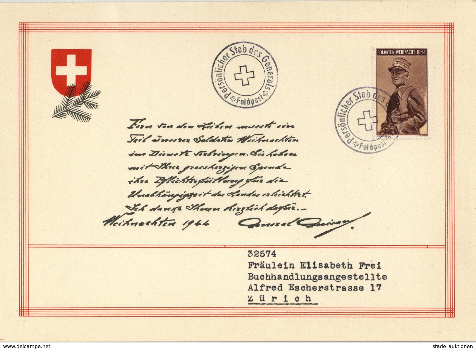 Feldpost WK II Schweiz Persönlicher Stab Des Generals Weihnachten 1944 I-II Noel - War 1939-45