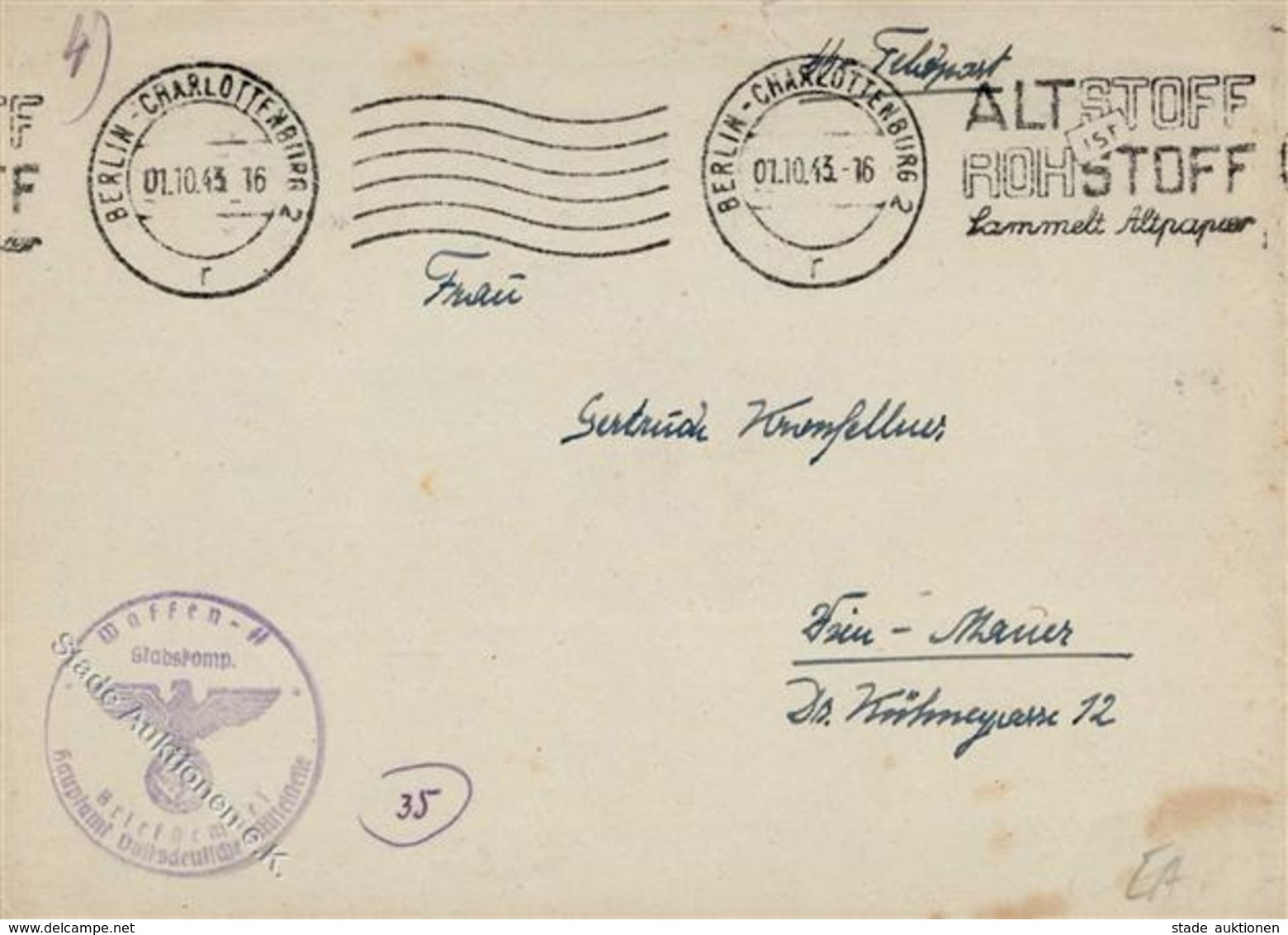 Feldpoststempel SS Feldpostbrief Hauptamt Volksdeutsche Mittelstelle 01.10.43 WK II I-II (fleckig) - Weltkrieg 1939-45