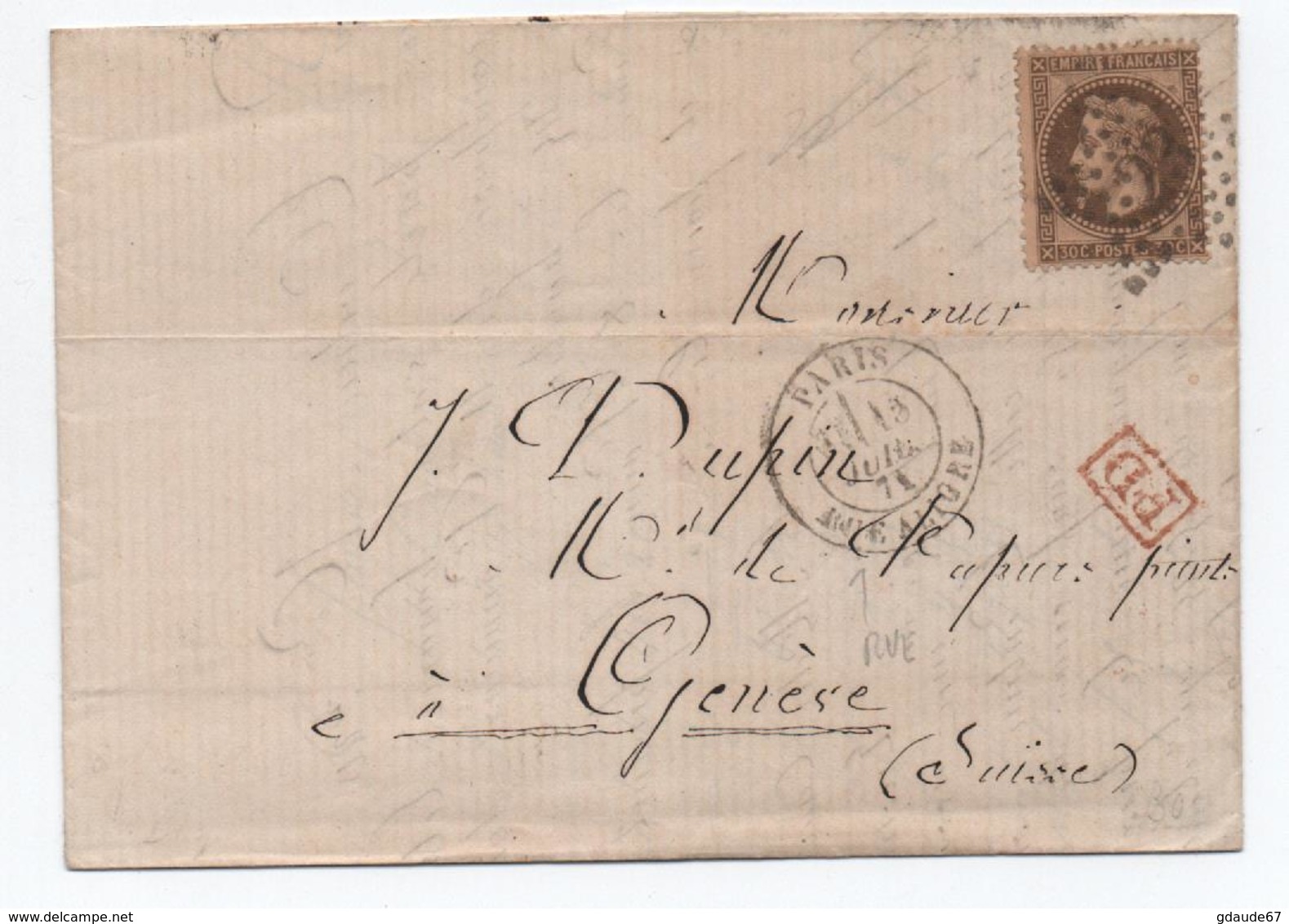 1871 - LETTRE De PARIS Pour GENEVE (SUISSE) Avec N° 30 - Autres & Non Classés
