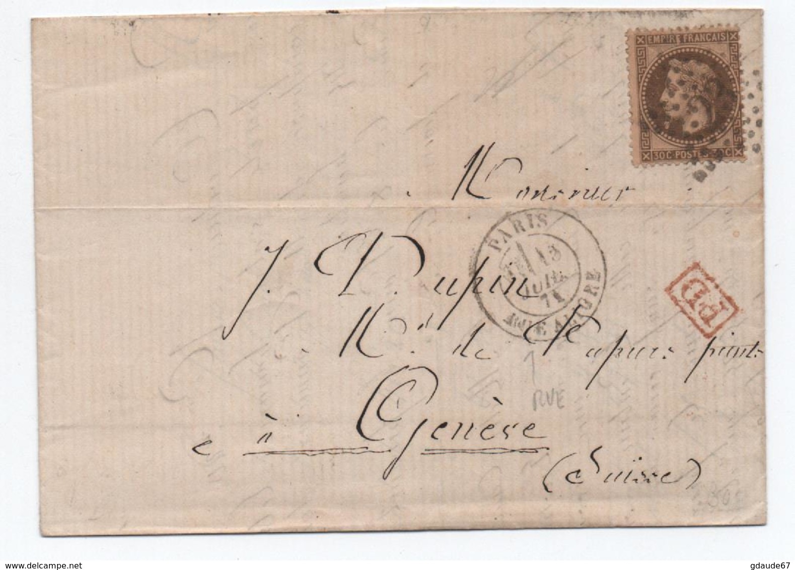 1871 - LETTRE De PARIS Pour GENEVE (SUISSE) Avec N° 30 - Andere & Zonder Classificatie