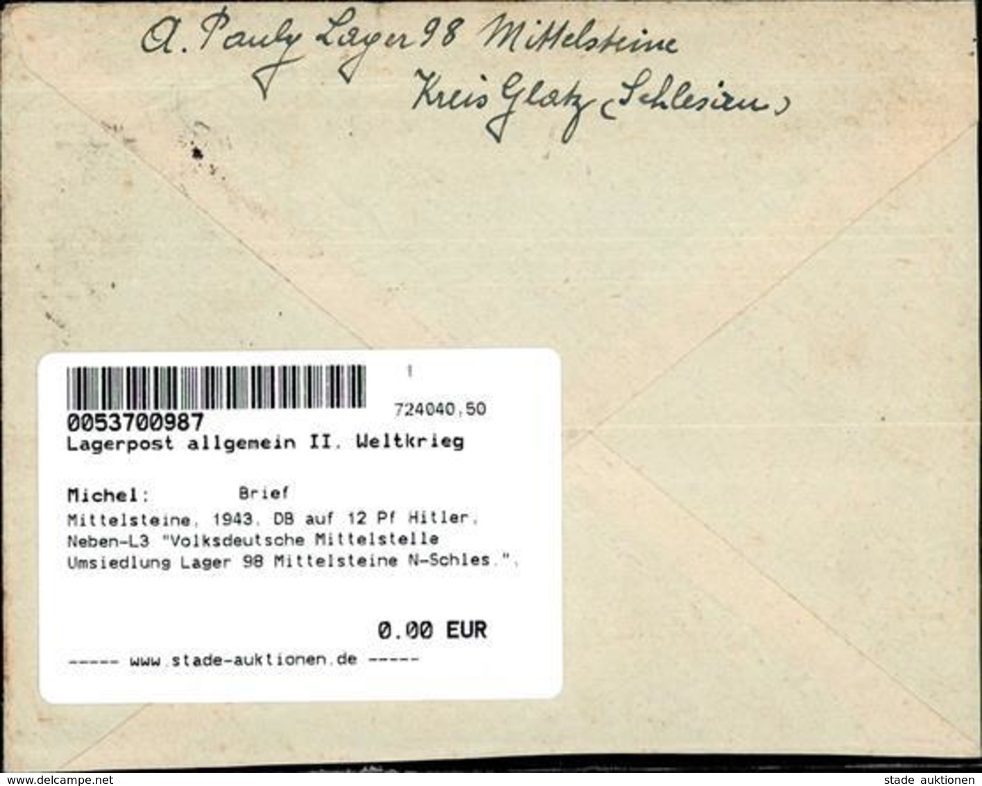 LAGERPOST Mittelsteine, 1943, DB Auf 12 Pf Hitler, Neben-L3 Volksdeutsche Mittelstelle Umsiedlung Lager 98 Mittelsteine  - Jewish