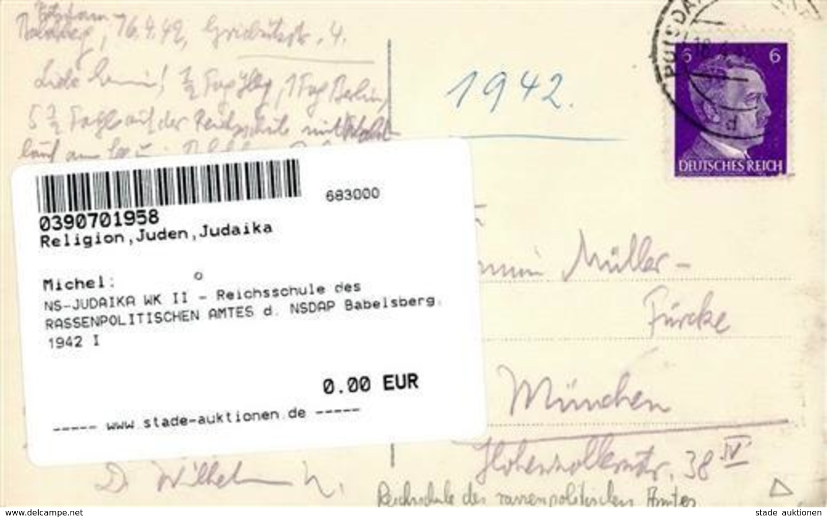 NS-JUDAIKA WK II - Reichsschule Des RASSENPOLITISCHEN AMTES D. NSDAP Babelsberg, 1942 I - Jewish