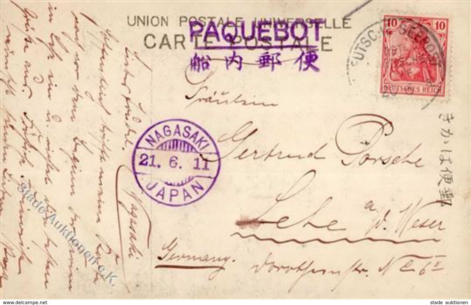 Schiffspost PAQUEBOT", Viol. L2, Sowie "DSP OST-ASIATISCHE LINIE 20 6 (11)", Sowie DB NAGASAKI 21.6.11", Sw AK (Japaneri - Guerre