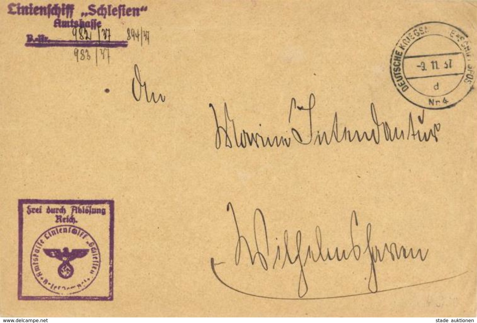 DEUTSCHE KRIEGSMARINE-SCHIFFSPOST Nr. 4 - 9.11.37 - Brief D. Linienschiff SCHLESIEN I-II - Warships