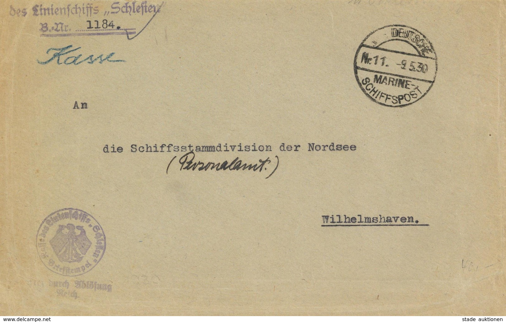 DEUTSCHE MARINE-SCHIFFSPOST Nr. 11 - 9.5.30, Brief D. Linienschiff SCHLESIEN I-II - Krieg