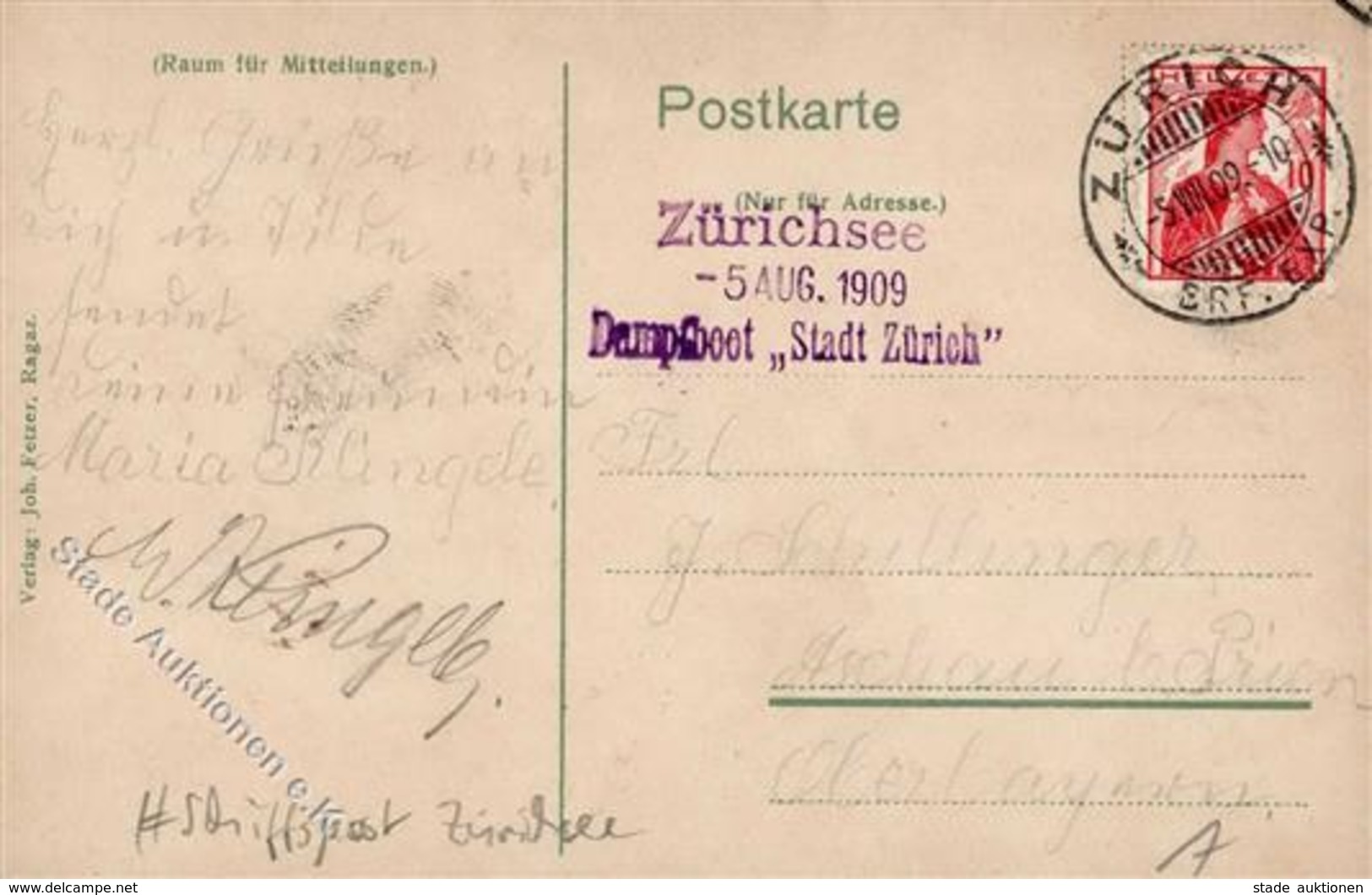 Schiffspoststempel Zürichsee Dampfboot Stadt Zürich 5. Aug. 1909 I-II - Sonstige & Ohne Zuordnung