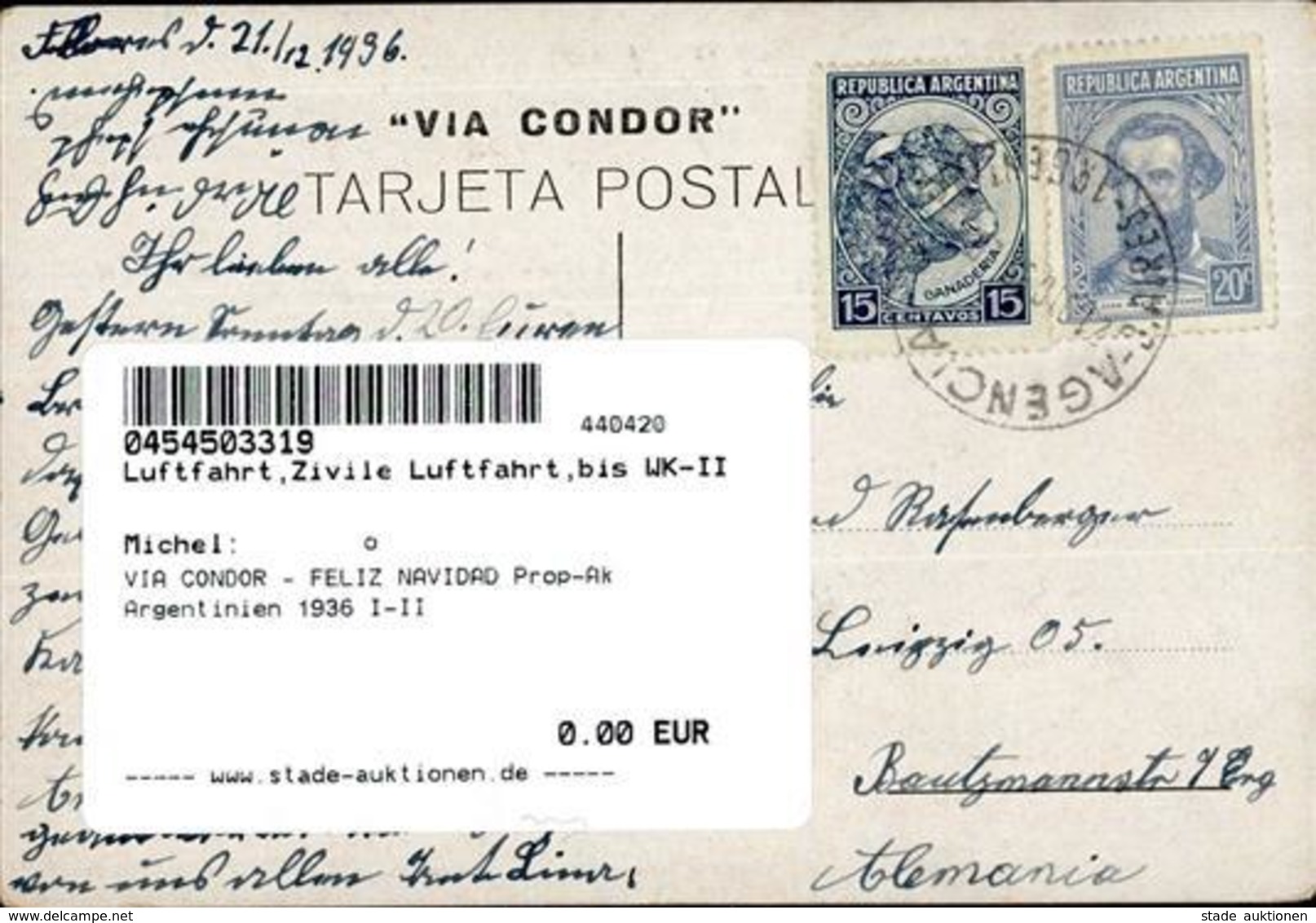 VIA CONDOR - FELIZ NAVIDAD Prop-Ak Argentinien 1936 I-II - 1939-1945: 2nd War