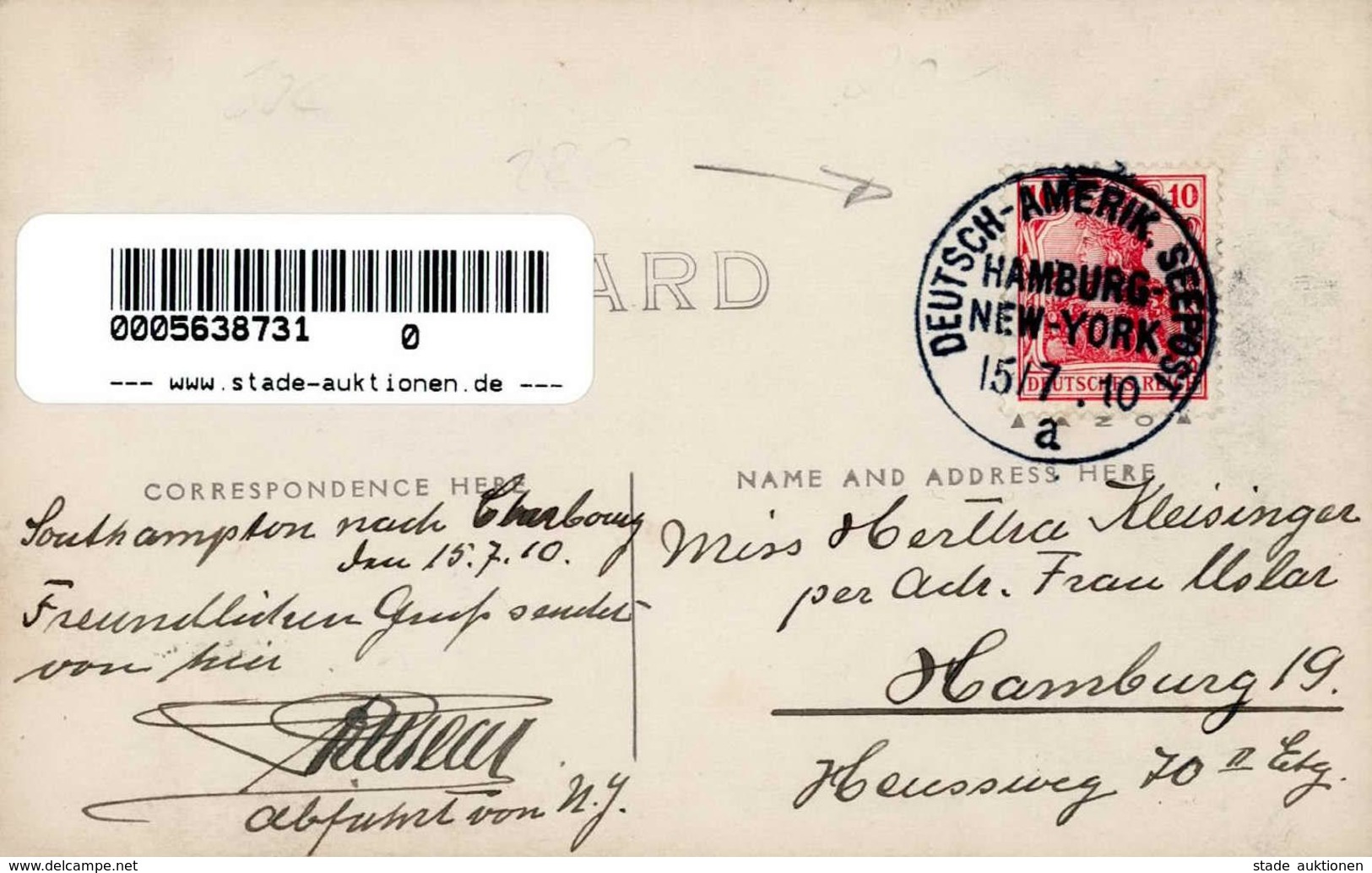 Hapag Lloyd Pier 1 Stempel Deutsch Amerikanische Seepost Hamburg New-York Foto AK 1910 I-II - Aviateurs