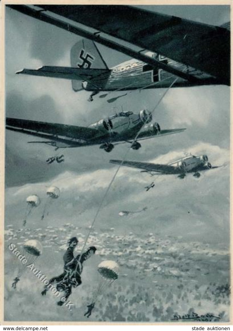 Flugwesen WK II Fallschirmspringer Sign. Bock, Adolf WK II   Künstlerkarte I-II Aviation - 1939-1945: 2. Weltkrieg