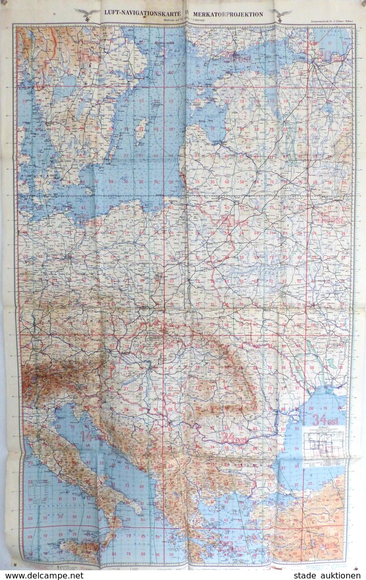 Flugzeug WK II Luft Navigationskarte Merkatorprojektion Ostsee Balkan 140 X 88 Cm Leinen Gummiert I-II Aviation - 1939-1945: II Guerra