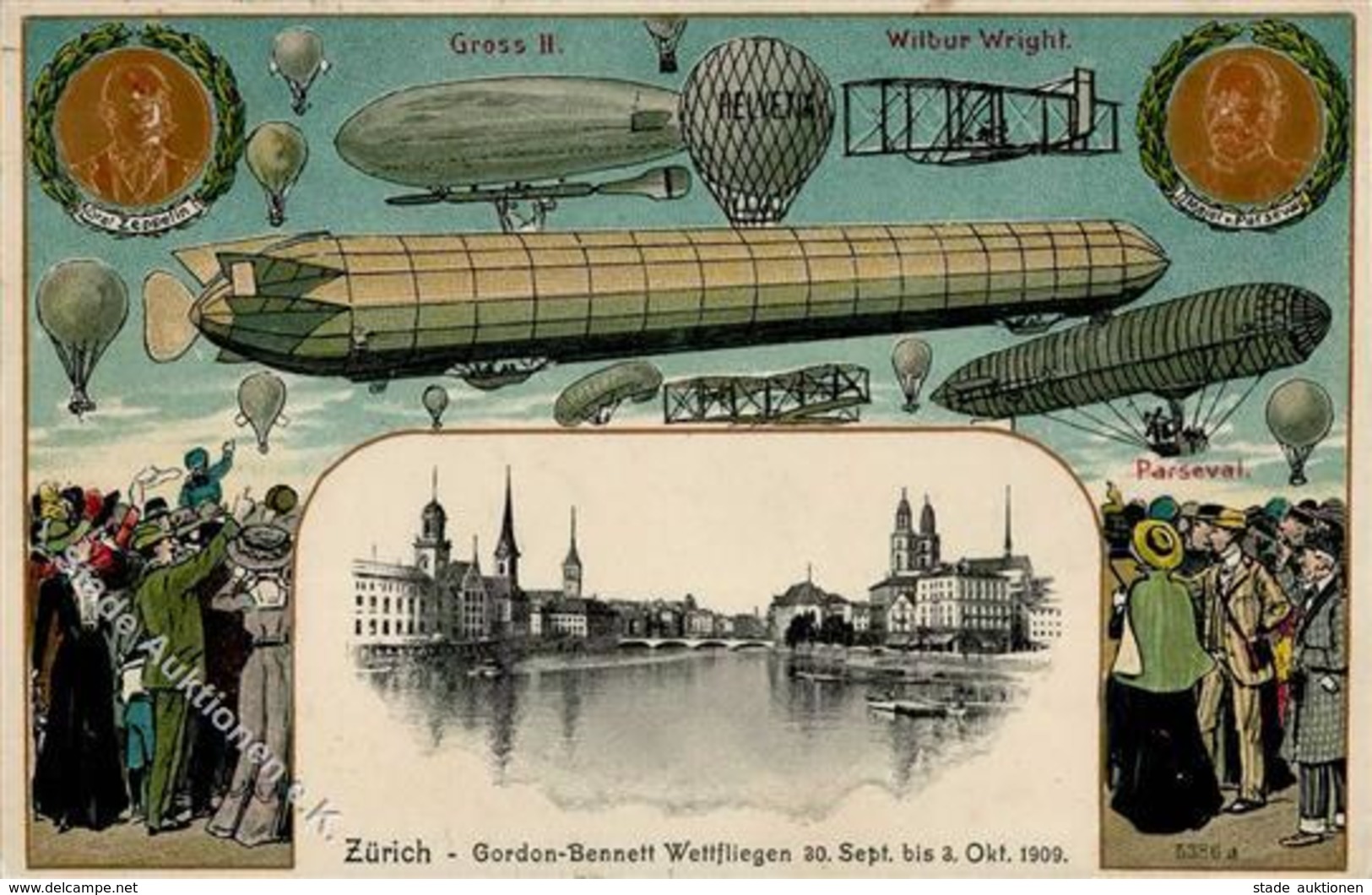 Ballon Zürich (8000) Schweiz Gordon Bennett Wettfliegen  Künstlerkarte 1909 I-II (Marke Entfernt) - Balloons