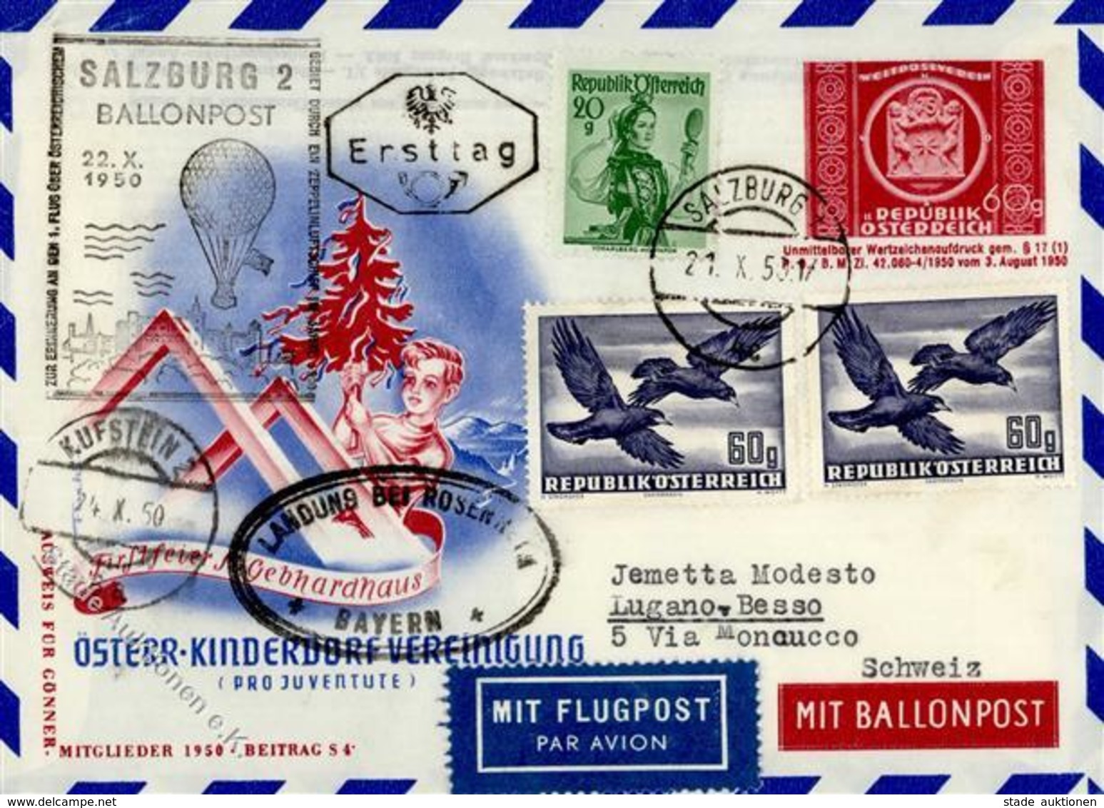 Ballon, 1950, Österreich, SALZBURG BALLONPOST 22.X.50", 60 G UPU GAU, 3 Werte Zusatz, Dabei 60 G Vögel, Landung Bei Rose - Fesselballons