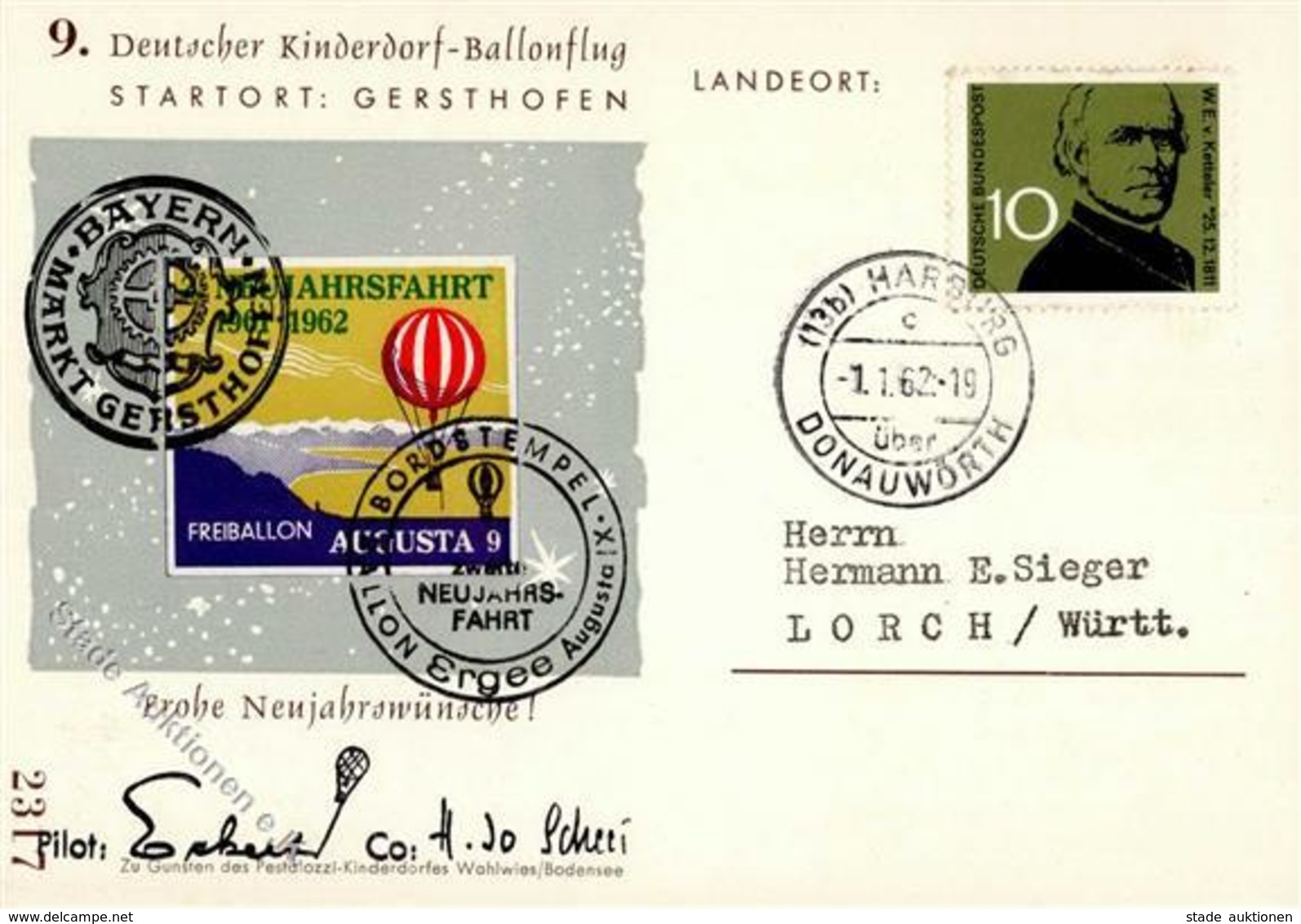 Ballon, 1962, 9. Deutscher Kinderdorf Ballonflug, Schmuckkarte, 10 Pf Etwas Fleckig, Start Gersthofen, K2 HARBURG 1.1.62 - Montgolfières