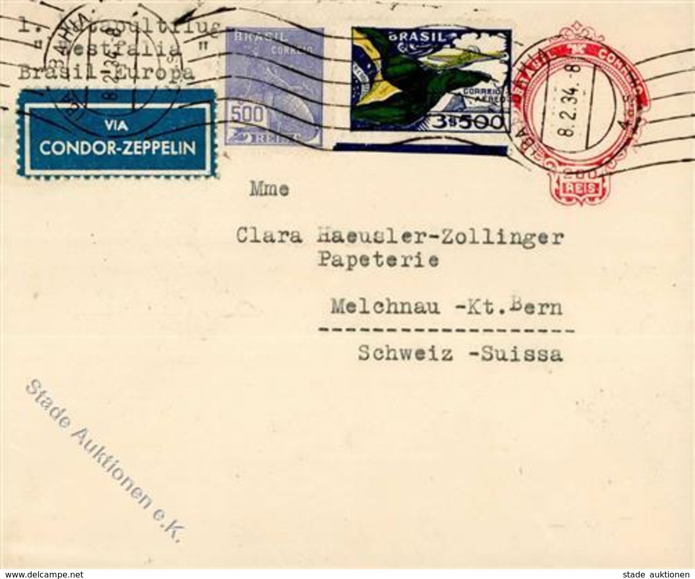 Flugpost Brasilien, 1. Katapultflug Weatfalia", 200 R GAU, 2 Marken Zusatz, M-Stpl. "BAHIA 8.2.34", Rs. Condor-LH-Best.S - Aviatori