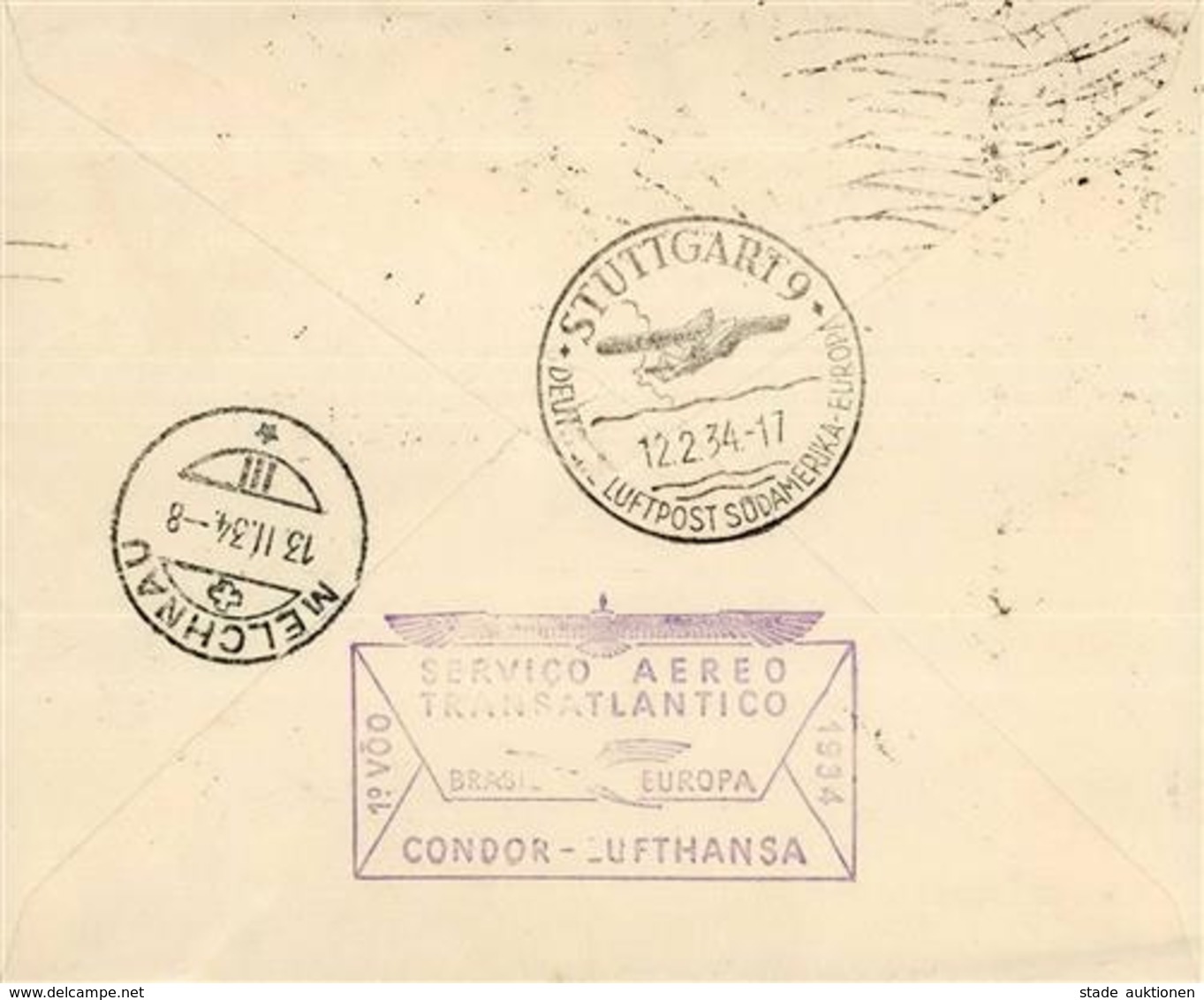 Flugpost Brasilien, 1. Katapultflug Weatfalia", 200 R GAU, 2 Marken Zusatz, M-Stpl. "BAHIA 8.2.34", Rs. Condor-LH-Best.S - Aviatori