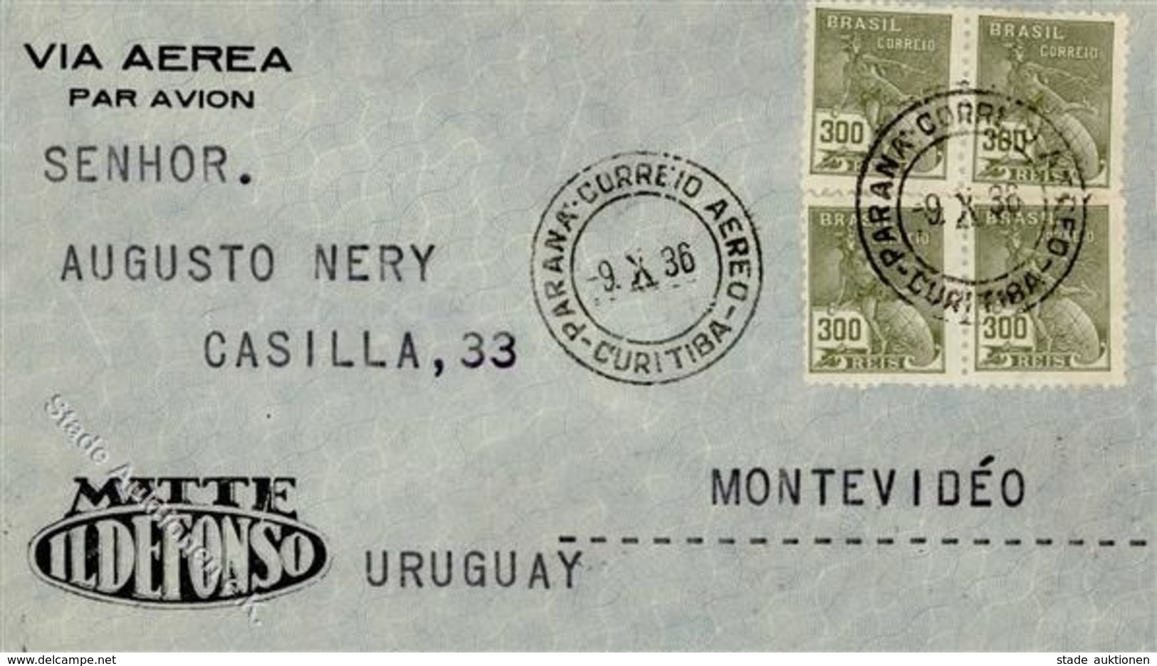 Flugpost Brasilien, Flugpost, K2 PARANA 9.X.36" Auf 300 R Oliv (4), Nr.359(4), Rs. K1 "CURITIBA 9.OUT.1936", Ak-M.Stpl.  - Airmen, Fliers