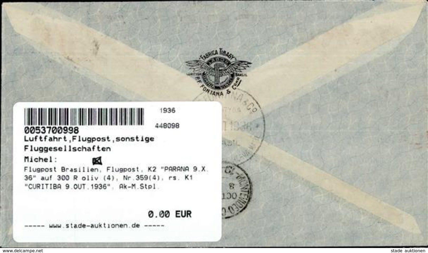 Flugpost Brasilien, Flugpost, K2 PARANA 9.X.36" Auf 300 R Oliv (4), Nr.359(4), Rs. K1 "CURITIBA 9.OUT.1936", Ak-M.Stpl.  - Flieger