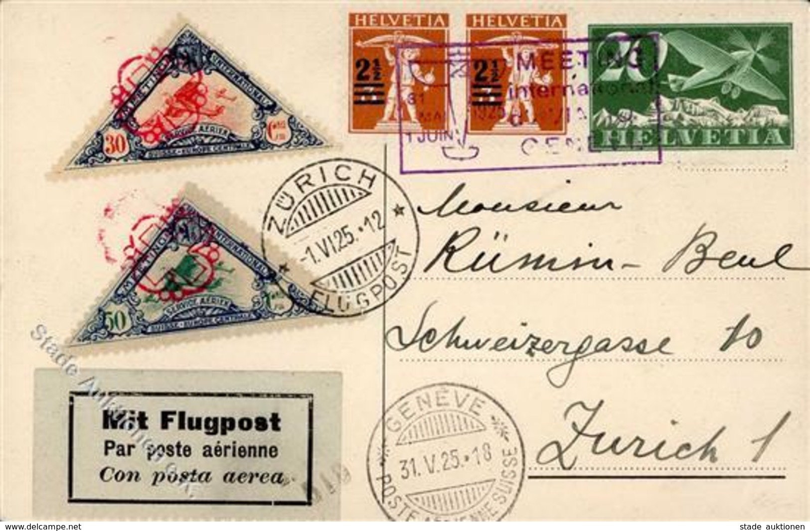 Flugpost CH, 1925, Lupo SF 25.4e(h-i), Internationales Flugmeeting Genf, Mit Vignetten 30 + 50 C Suisse-Europa, Offiz. K - Airmen, Fliers