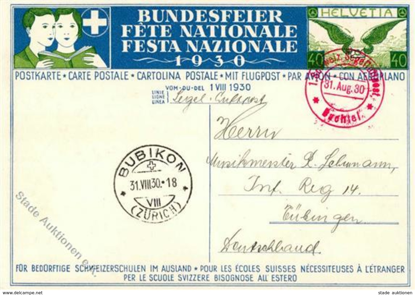 Flugpost CH, 1930, LUPO SF 30.4e, 40 Rp. Bundesfeierkarte (Knabe, Schulbank - SBK Nr.66) Mit Segelluftpost Bachtel, BUBI - Flieger