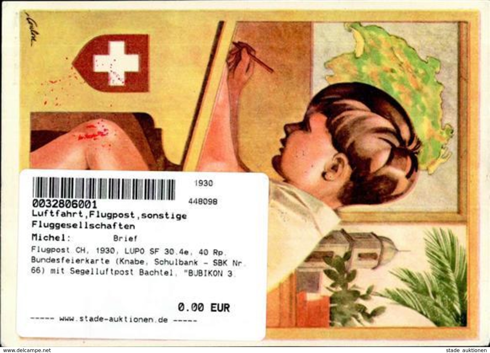 Flugpost CH, 1930, LUPO SF 30.4e, 40 Rp. Bundesfeierkarte (Knabe, Schulbank - SBK Nr.66) Mit Segelluftpost Bachtel, BUBI - Flieger