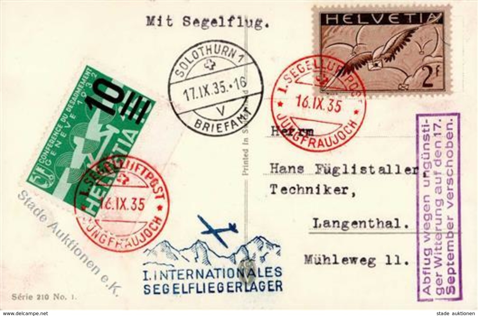 Flugpost CH, 1935, Lupo SF 35.5e, 1. SegelIuftpost Jungfraujoch Mit 2 Marken 16.IX.35", AK (vs. Schürfungen), Nach Solot - Aviatori