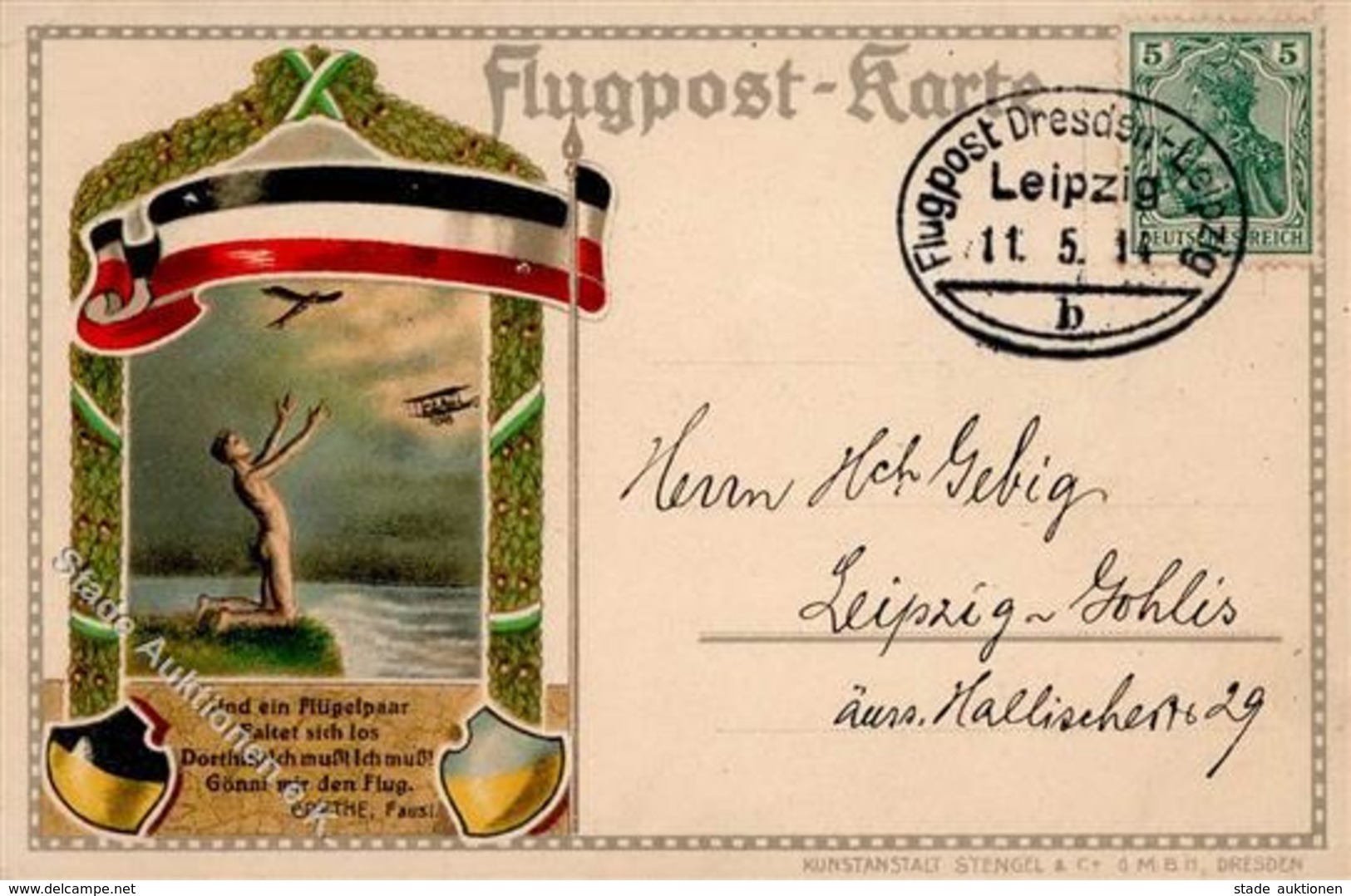 Flugpost Dresden Leipzig Künstlerkarte 1914 I-II - Airmen, Fliers