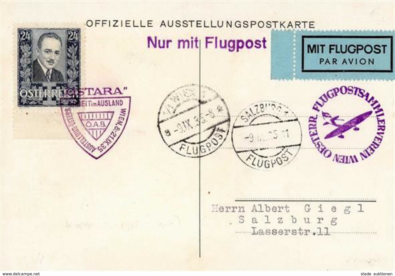 Flugpost Östara Ausstellung Österr. Arbei Im Ausland Sonderstempel I-II Expo - Aviatori