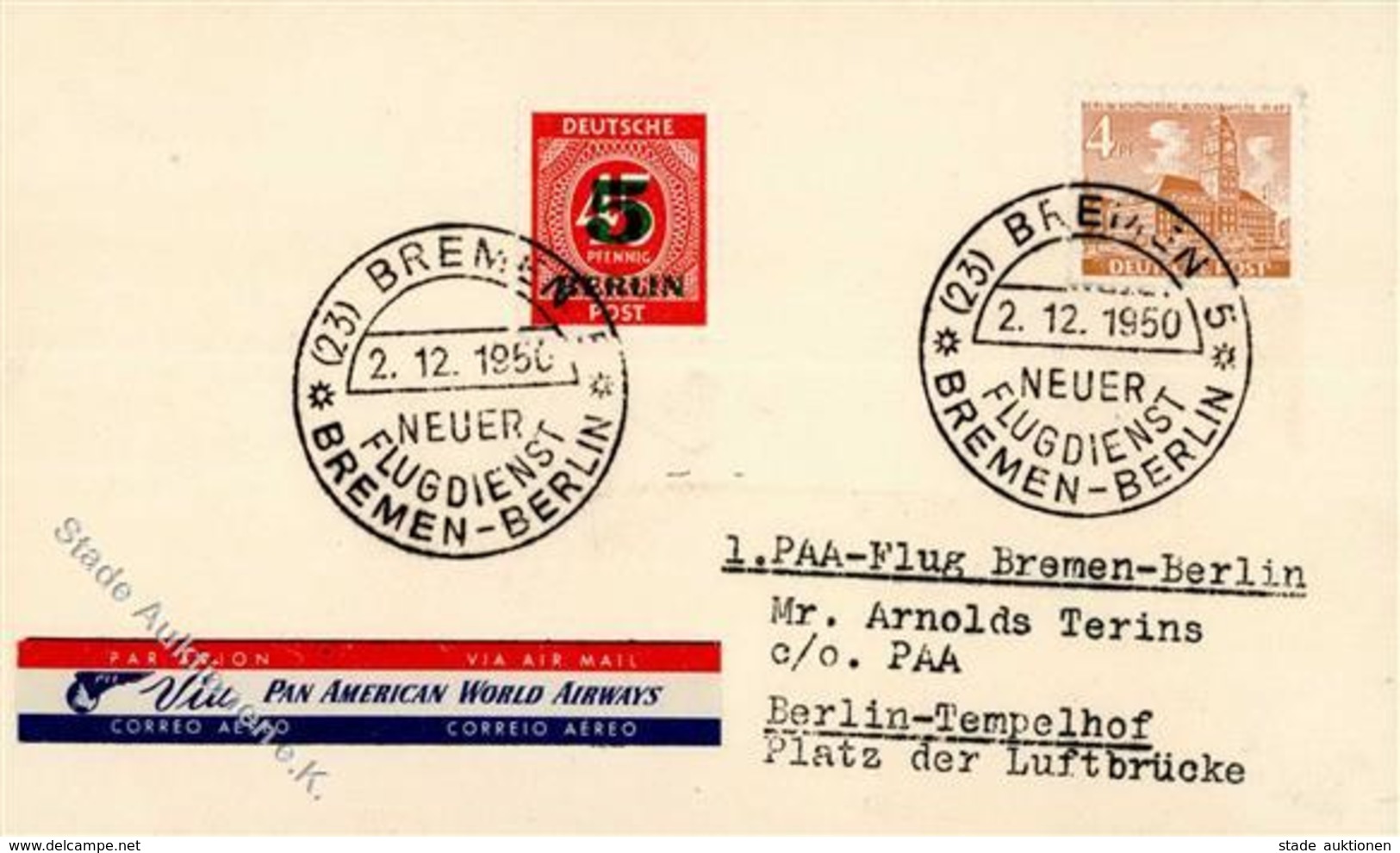 Flugpost, 1950, 1. Postflug BREMEN 2.12.1950 - BERLIN", 2 Berlin-Marken Auf PAA-Erstflugbief" - Airmen, Fliers