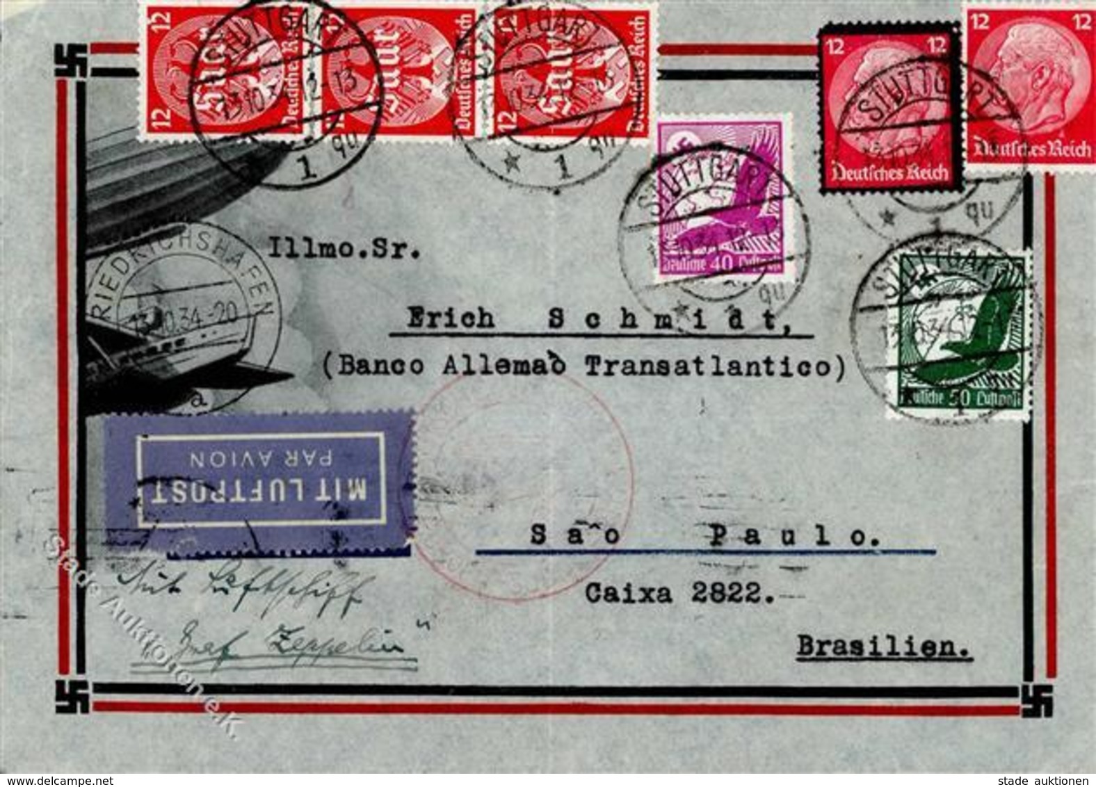 WK II Zeppelin, 1934, Si.280Ba, 10.SAF, Anschlußflug Stuttgart, 7 Marken, Teils Mgl., DB STUTTGART 13.10.34", Brief Senk - Zeppeline