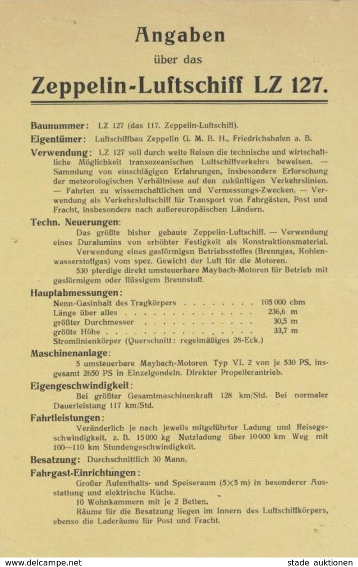 Zeppelin Info-Batt Angaben über Das Zeppelin-Luftschiff LZ 127 II (kleine Einrisse, Stauchung) Dirigeable - Dirigeables