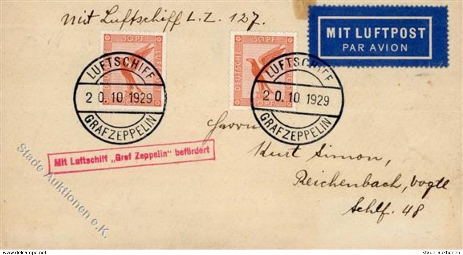 Zeppelin, 1929, Si.48Bb, BP 20.10.29", Fahrt Nach Böblingen, Mit 2 Marken 50 Pf Adler, Oben Brief Etwas Eingerissen, Alt - Zeppeline