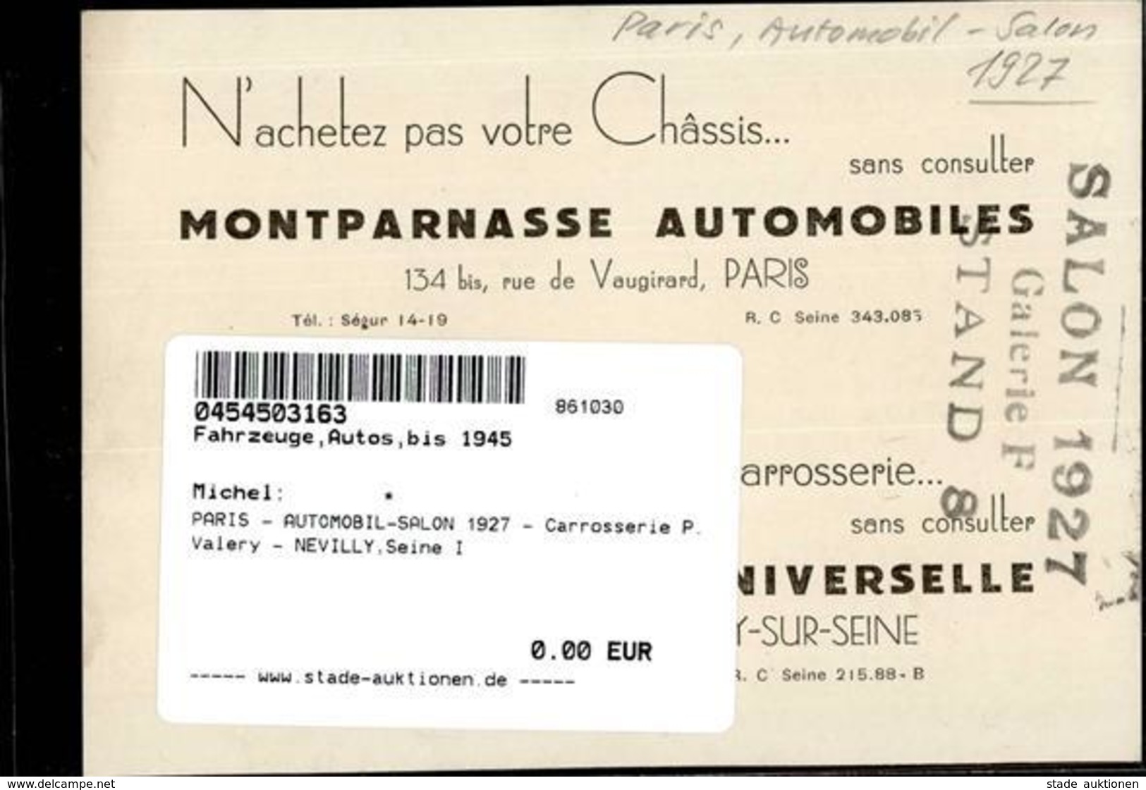 PARIS - AUTOMOBIL-SALON 1927 - Carrosserie P.Valery - NEVILLY,Seine I (keine Ak) - Autres & Non Classés