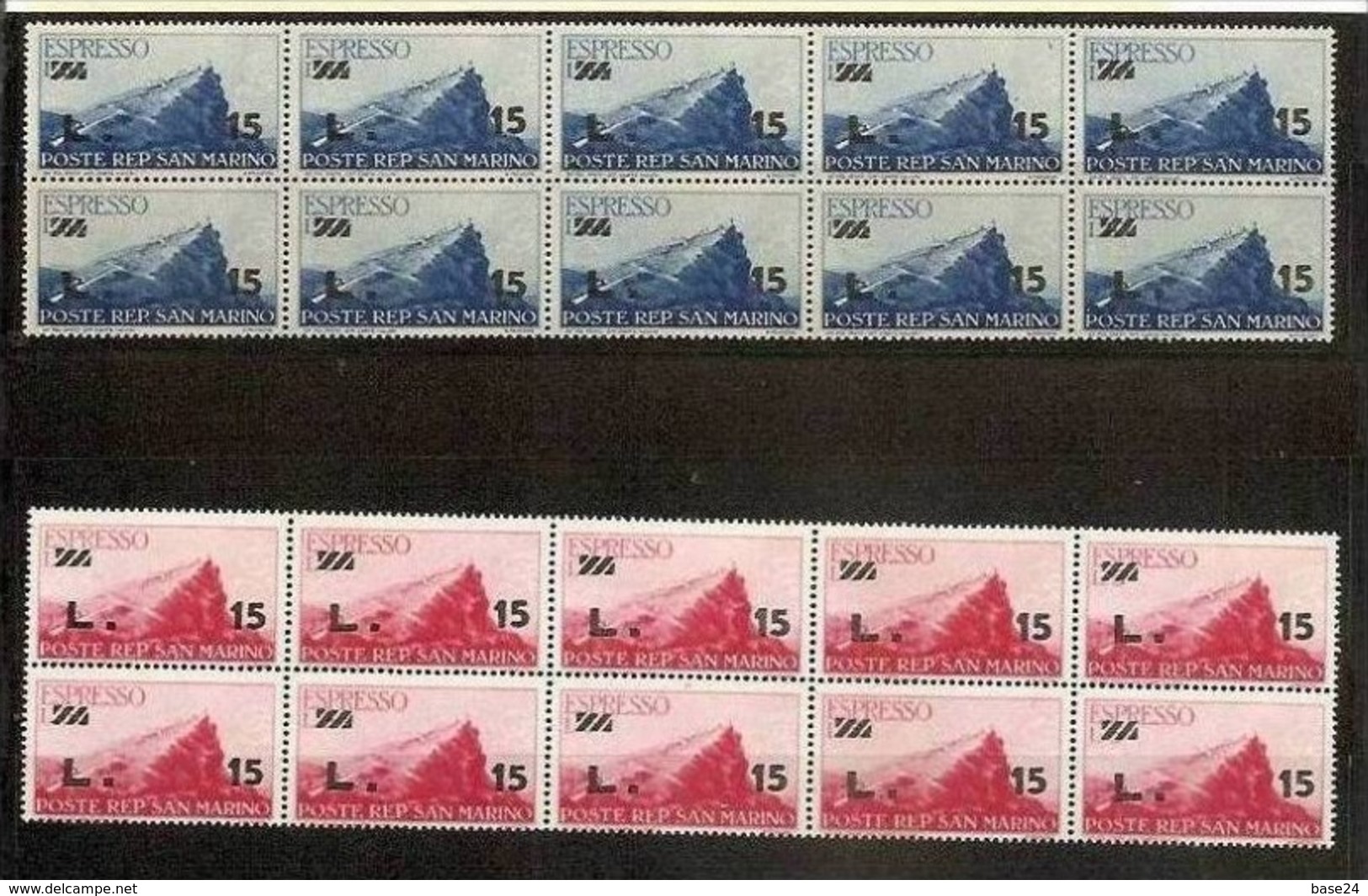 1947 San Marino Saint Marin ESPRESSO  EXPRESS 2v. In Blocco Di 10: 15 Su 5L + 15 Su 10L (N.16/17) MNH** - Francobolli Per Espresso