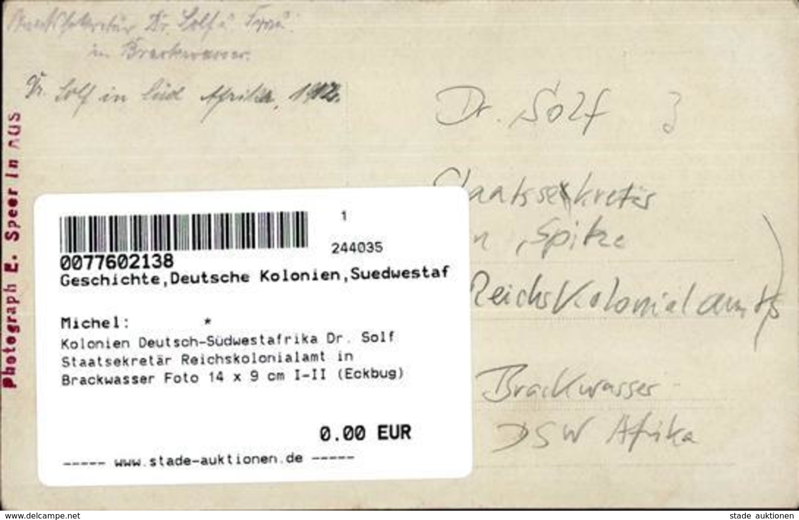 Kolonien Deutsch-Südwestafrika Dr. Solf Staatsekretär Reichskolonialamt In Brackwasser Foto 14 X 9 Cm I-II (Eckbug) Colo - Histoire