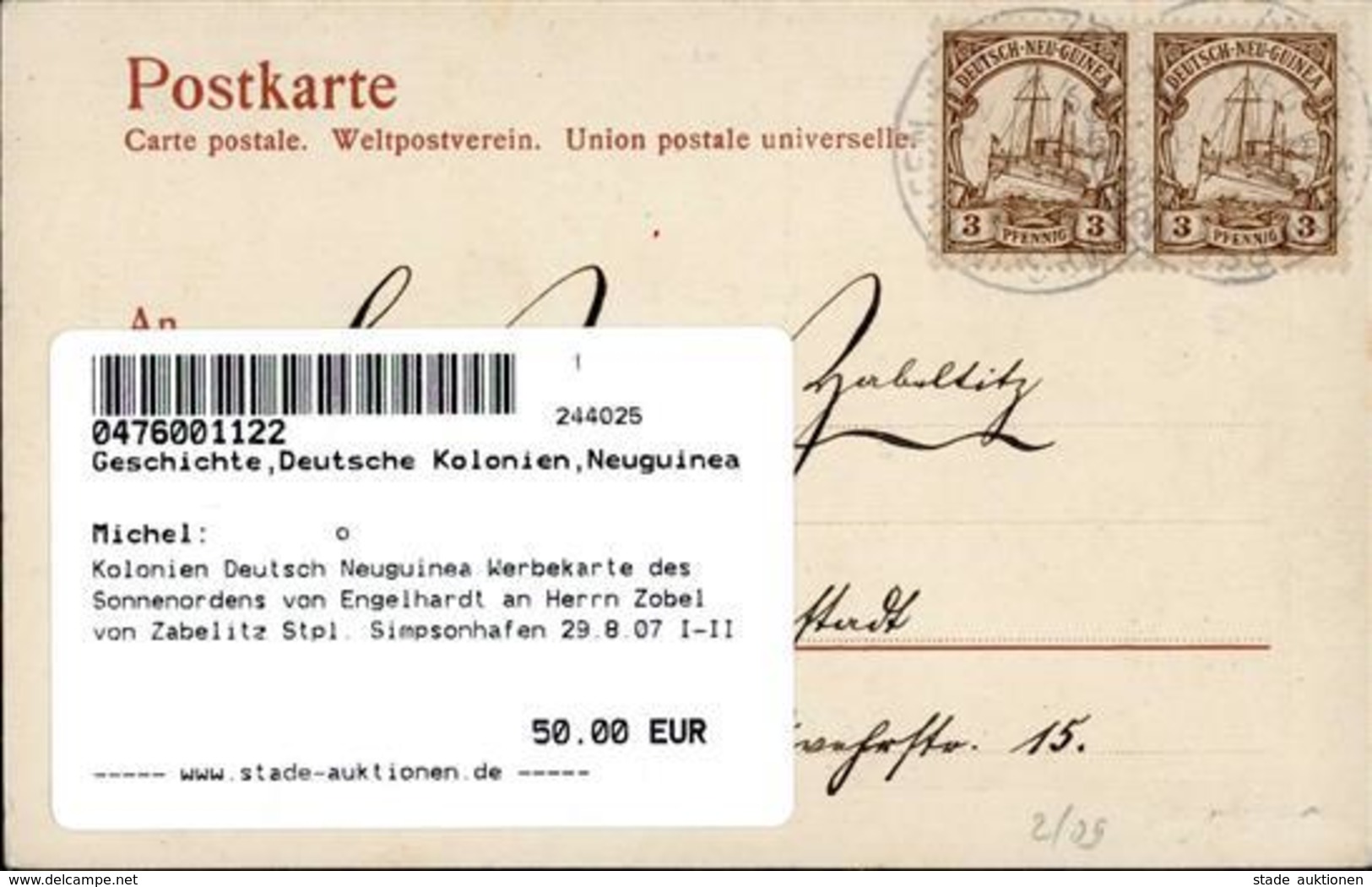 Kolonien Deutsch Neuguinea Werbekarte Des Sonnenordens Von Engelhardt An Herrn Zobel Von Zabelitz Stpl. Simpsonhafen 29. - Geschichte