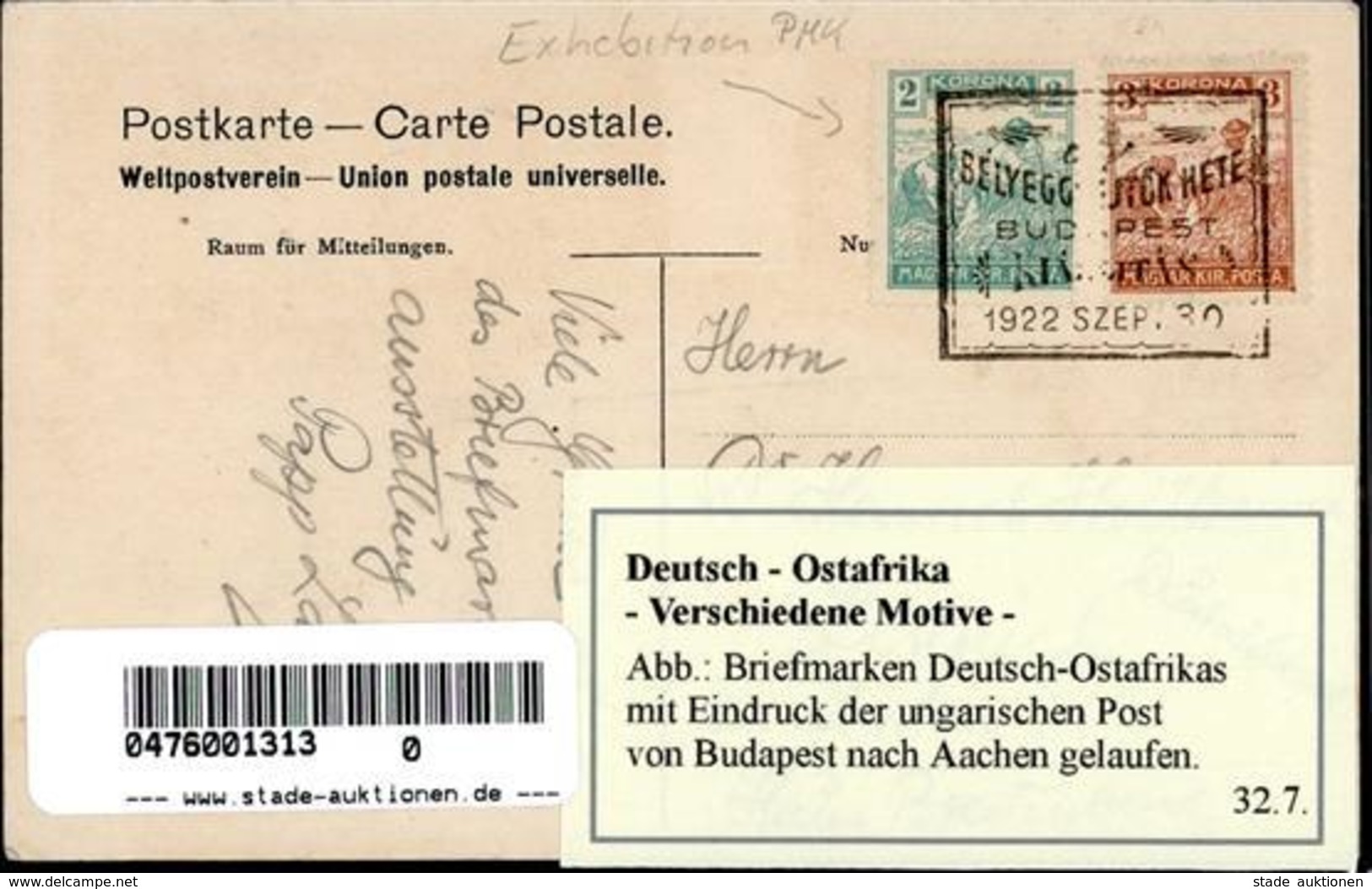 Kolonien Deutsch Ostafrika Briefmarken Auf AK Mit Stpl. Ungarische Post  I-II Colonies - Histoire