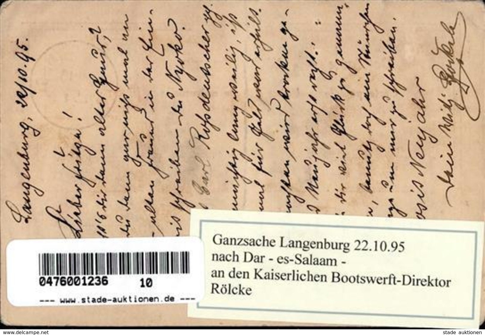 Kolonien Deutsch Ostafrika Ganzsache Langenburg 22.10.95 Nach Daressalam II (Mittelbug) Colonies - Histoire