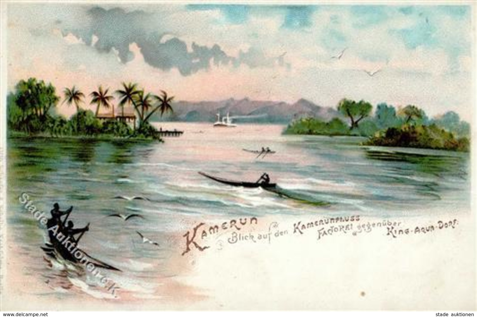 Kolonien KAMERUN - Litho -Kamerunfluss Mit Factorei Und King-Aqua-Dorf, Ecke Gestoßen Colonies - Histoire