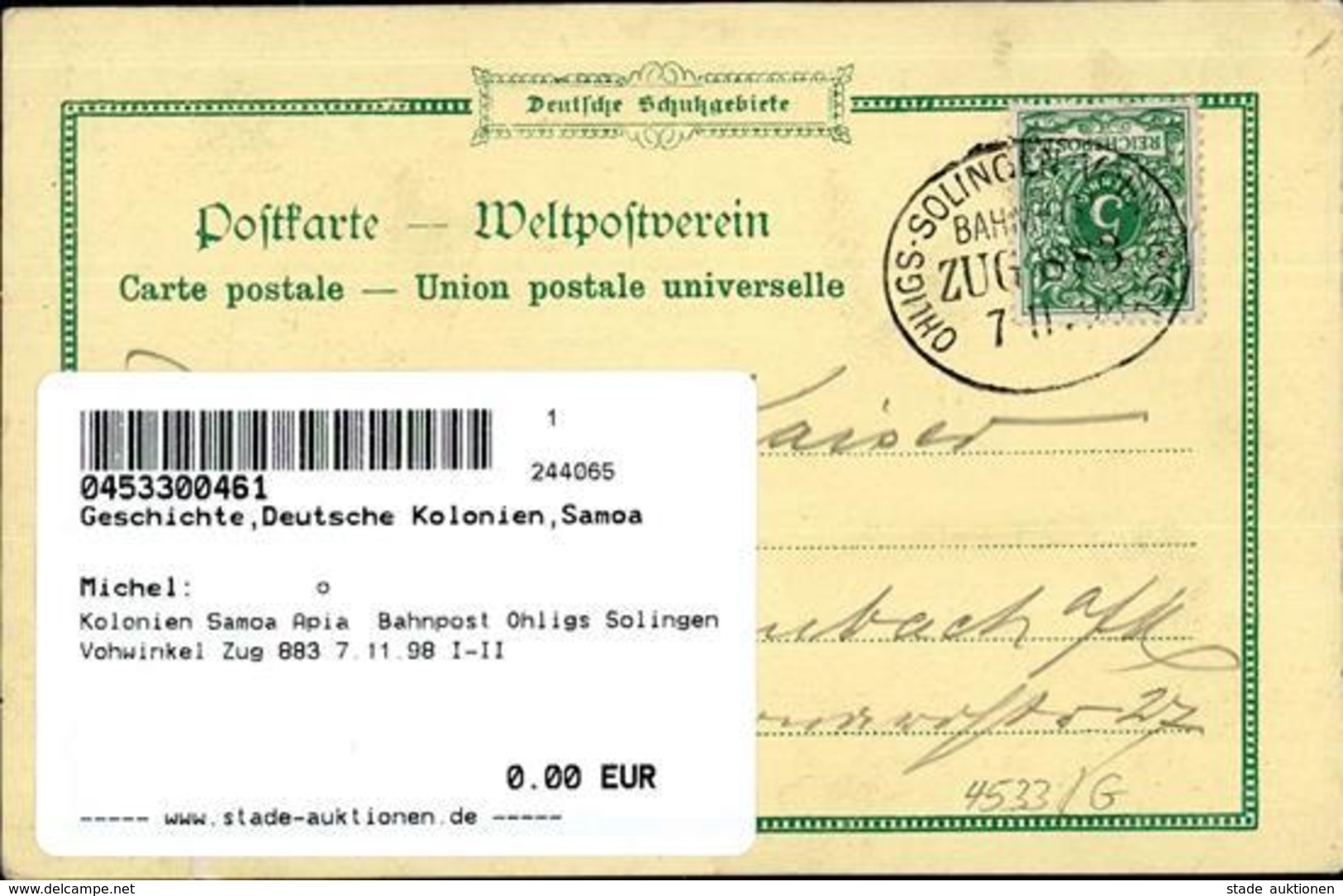 Kolonien Samoa Apia  Bahnpost Ohligs Solingen Vohwinkel Zug 883 7.11.98 I-II Colonies - Storia