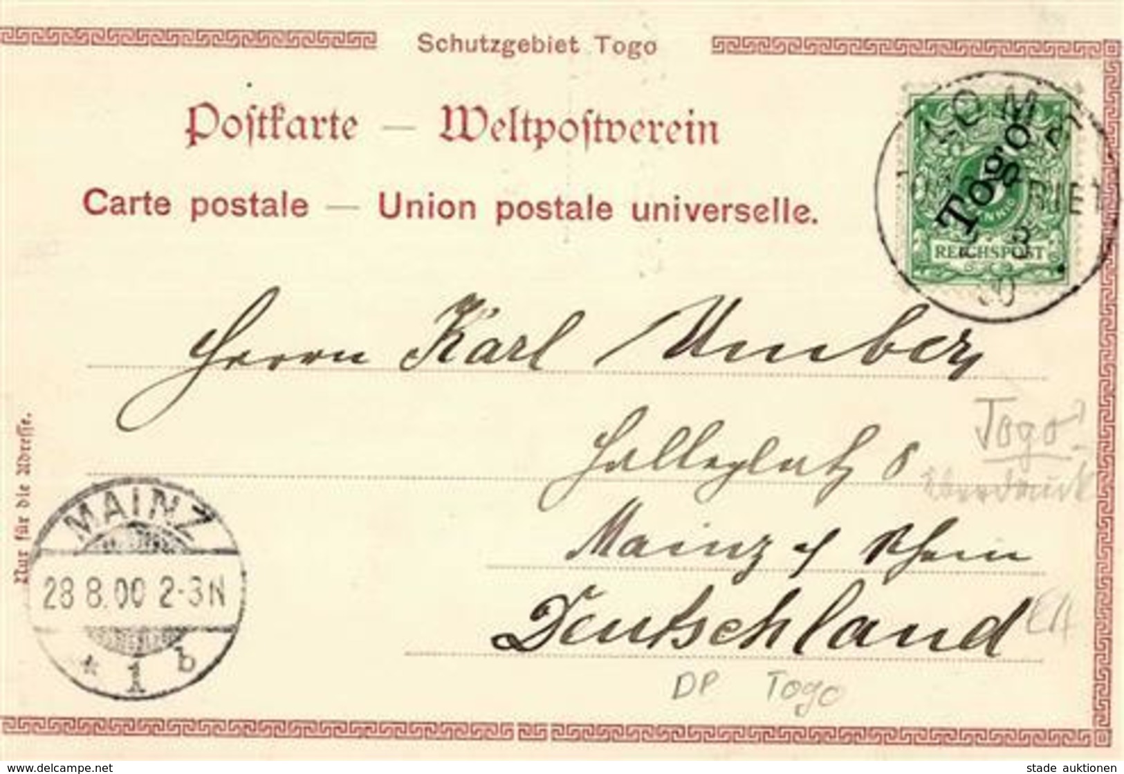 Kolonien Togo Faktoreien Der Firma Wölber & Zimmermann, Hamburg Stpl. Lome 2.8.00 I-II Colonies - History