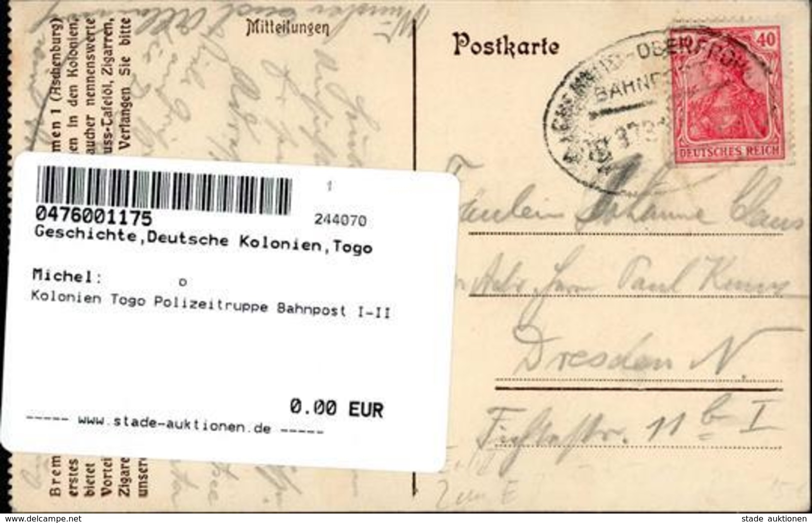 Kolonien Togo Polizeitruppe Bahnpost I-II Colonies - Geschichte