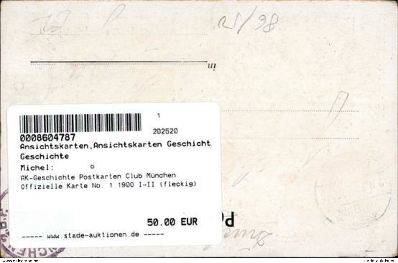 AK-Geschichte Postkarten Club München Offizielle Karte No. 1 1900 I-II (fleckig) - Geschichte