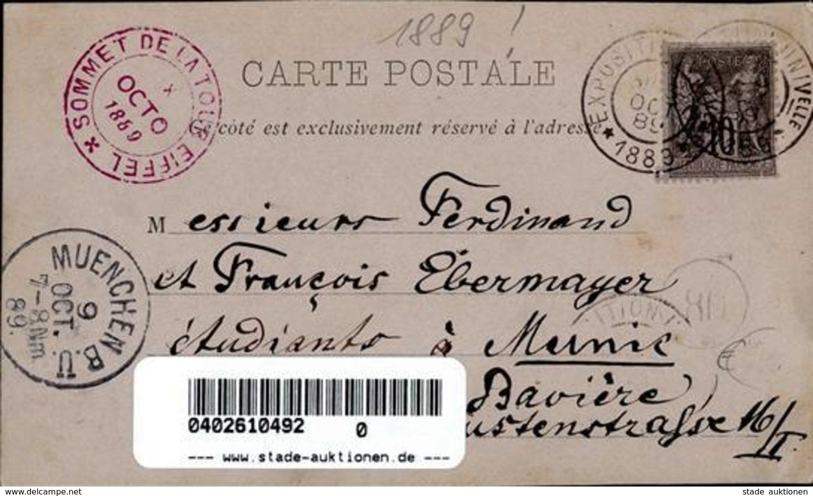 Vorläufer Eifelturm Paris Sonderstempel 1889 I-II (fleckig) - Unclassified