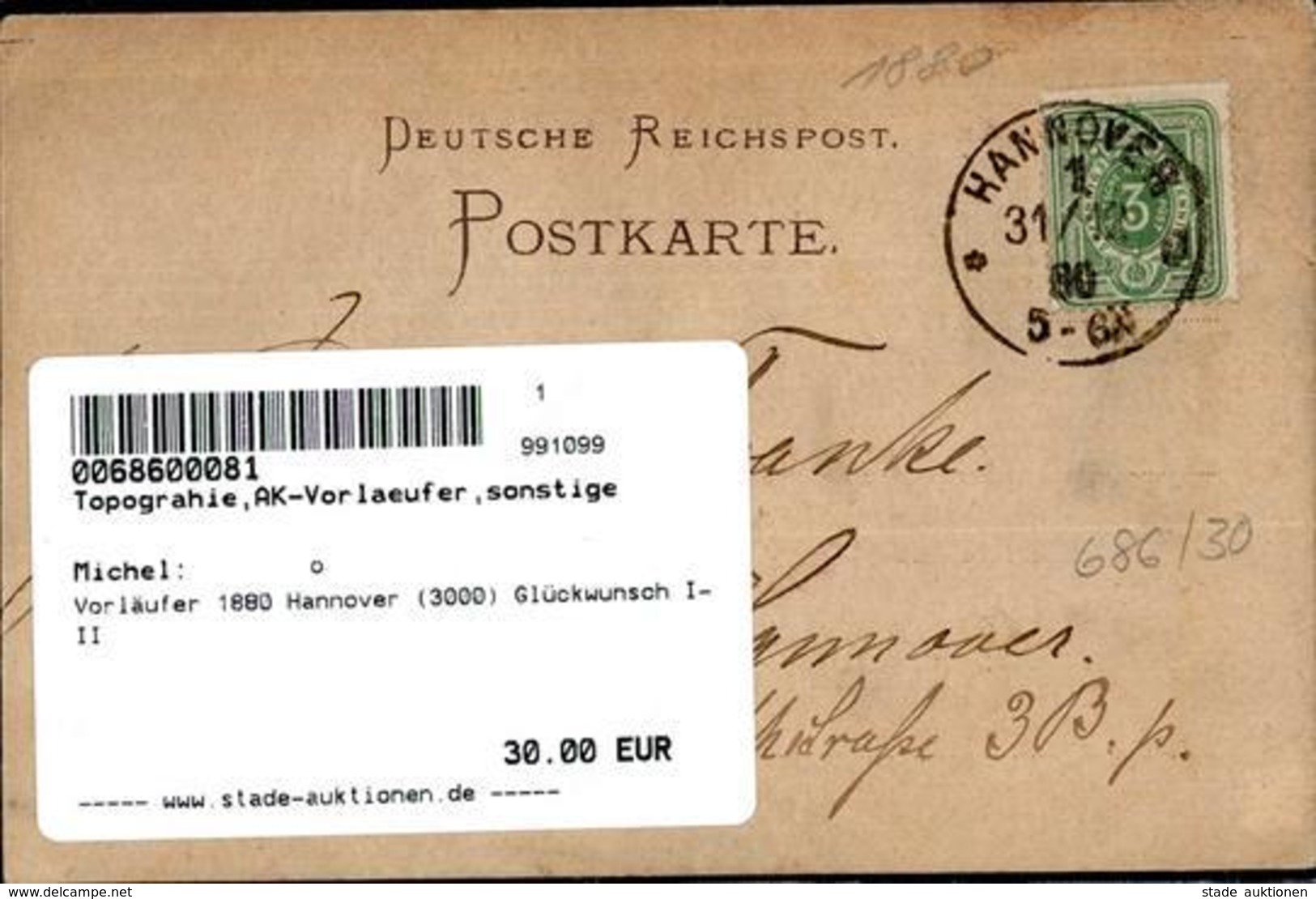 Vorläufer 1880 Hannover (3000) Glückwunsch I-II - Ohne Zuordnung