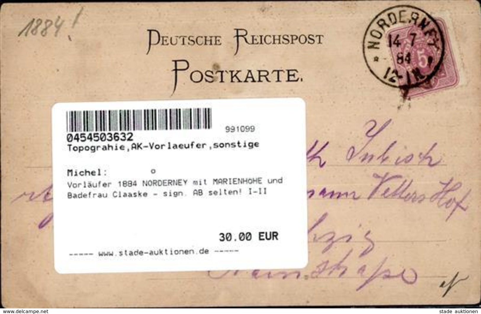 Vorläufer 1884 NORDERNEY Mit MARIENHÖHE Und Badefrau Claaske - Sign. AB Selten! I-II - Unclassified